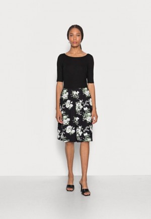 Anna Field Båt Neck Print Klänning With Solid Skirt Jersey Klänning Klänning Dam Svarta | UDZ-236419