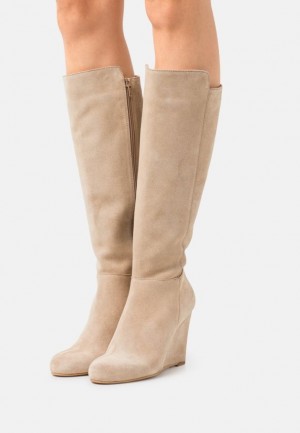 Anna Field Läder Kilklack Boots Stövlar Dam Beige | FMI-154926