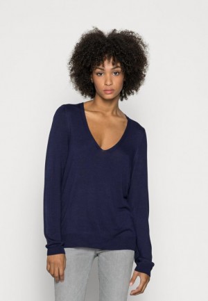 Anna Field Open V Neck Jumper Jumper Pullover Dam Mörkblå | TBI-076418