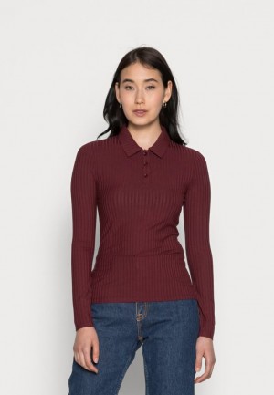 Anna Field Räfflad Polo Longsleeve Long Sleeved Top T-shirt Dam Mörkröda | MPG-206947