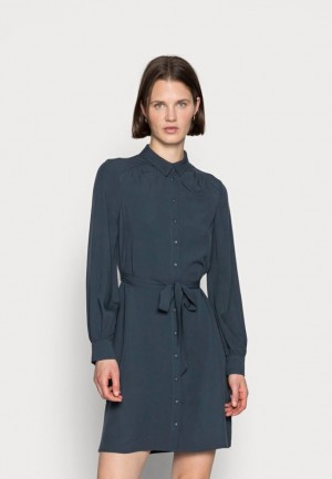 Anna Field Woven Blouse Klänning Pleats Belt Day Klänning Klänning Dam Mörkblå | NFH-603749